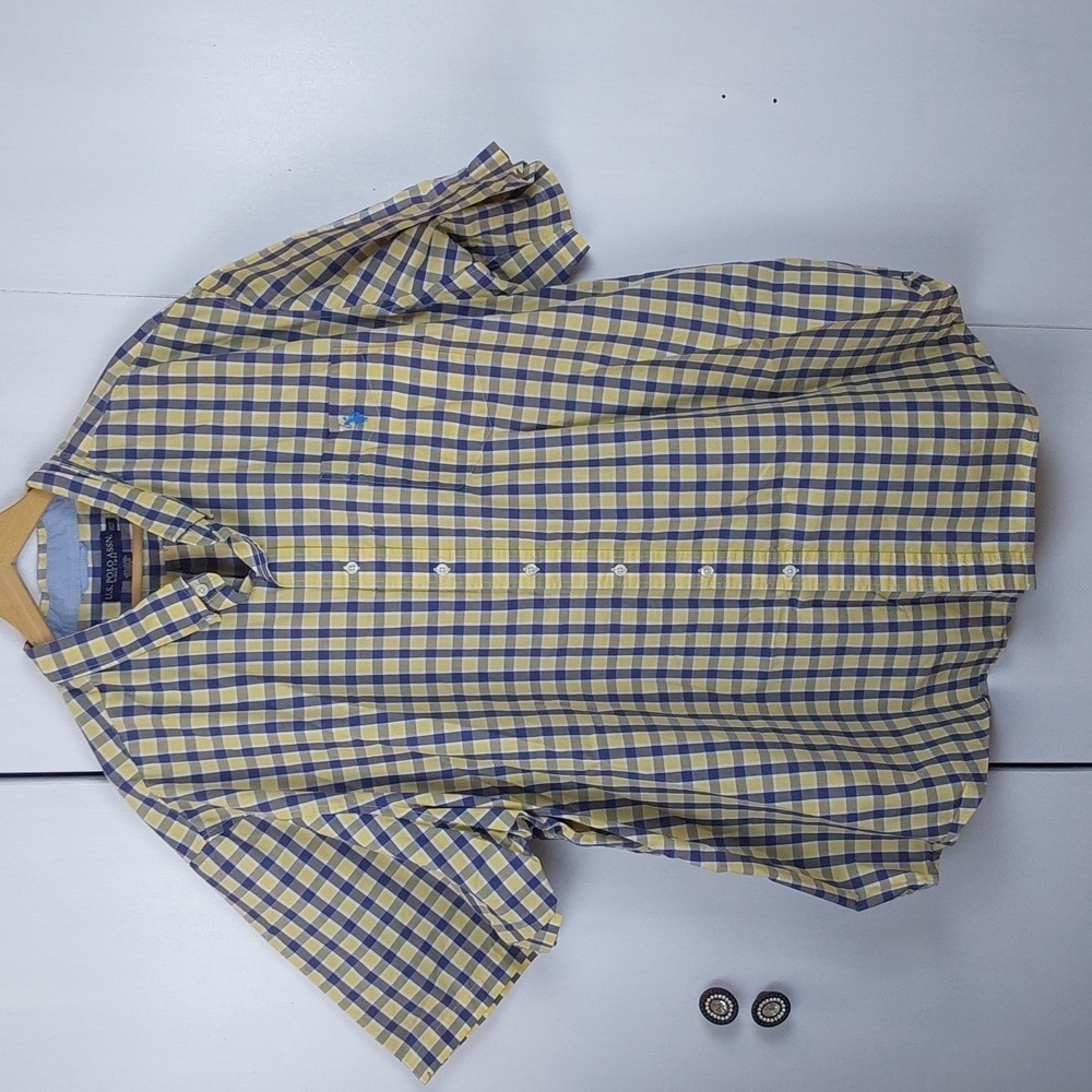 U.S. Polo Assn. Mens Yellow and Blue Plaid Shirt Shortsleeve Preppy Dress Sz.4XL